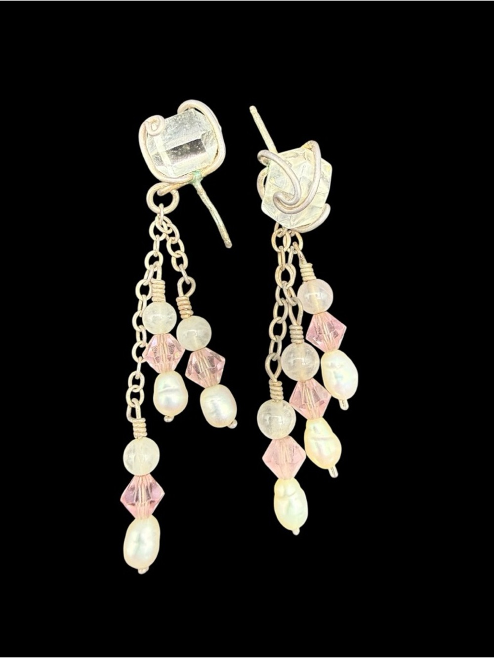 Vintage Silver Chain Dangle Earrings with Pink Crystals & Pearls